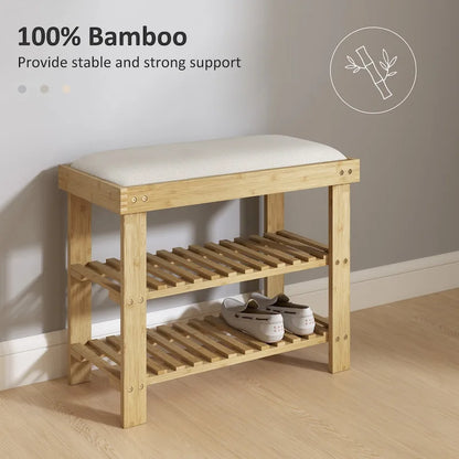 HOMCOM Bamboo Shoe Bench, 3-Tier Entryway Bench with Storage and Cushion, Shoe Organizer for Entryway, Hallway