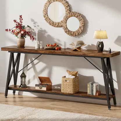 70.9 Extra Long Console Table Sofa Table with Charging Station and Storage Shelf,Industrial Hallway Entry Table