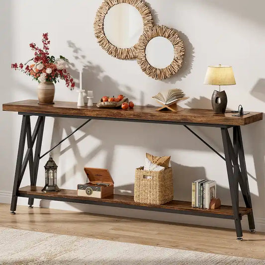 70.9 Extra Long Console Table Sofa Table with Charging Station and Storage Shelf,Industrial Hallway Entry Table