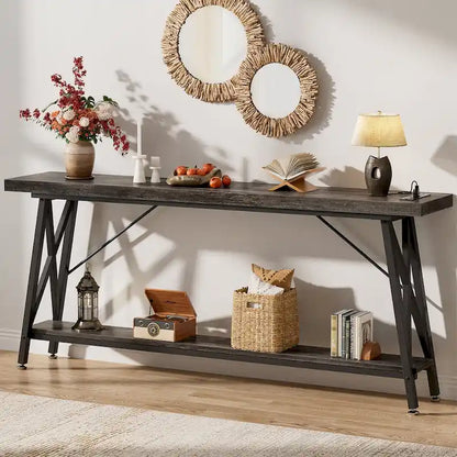 70.9 Extra Long Console Table Sofa Table with Charging Station and Storage Shelf,Industrial Hallway Entry Table