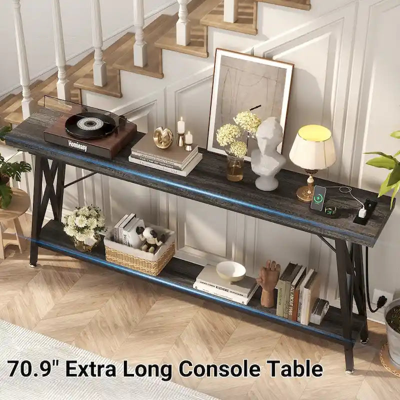 70.9 Extra Long Console Table Sofa Table with Charging Station and Storage Shelf,Industrial Hallway Entry Table