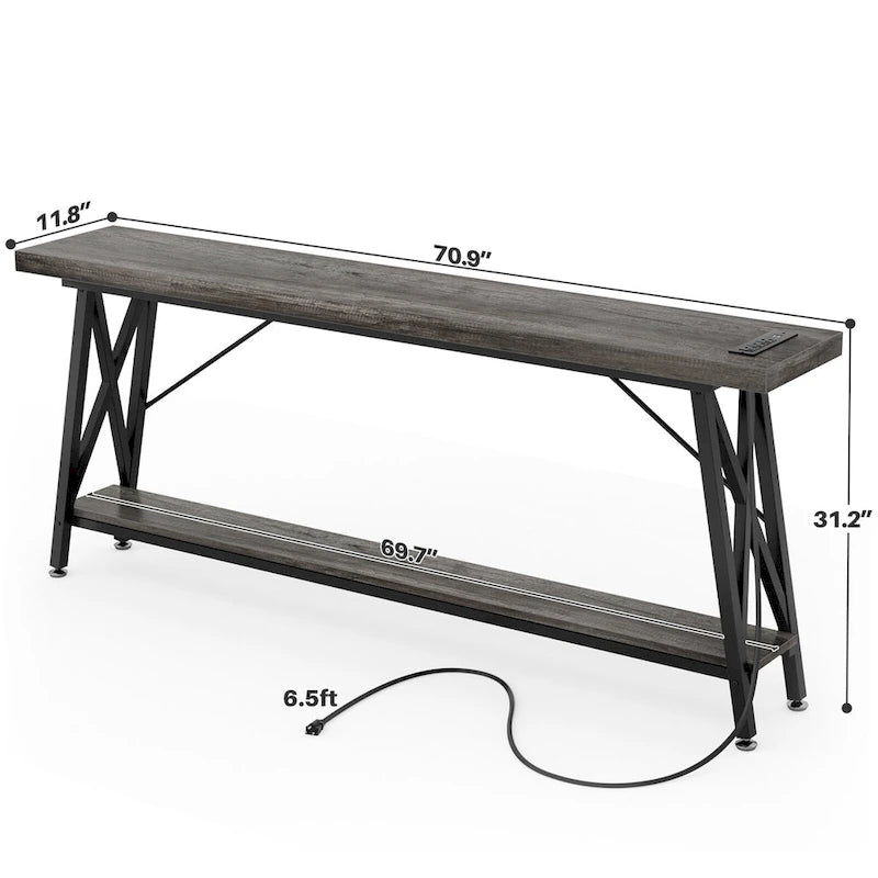 70.9 Extra Long Console Table Sofa Table with Charging Station and Storage Shelf,Industrial Hallway Entry Table