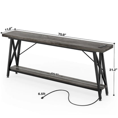 70.9 Extra Long Console Table Sofa Table with Charging Station and Storage Shelf,Industrial Hallway Entry Table