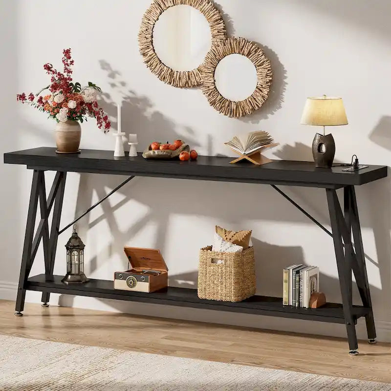 70.9 Extra Long Console Table Sofa Table with Charging Station and Storage Shelf,Industrial Hallway Entry Table