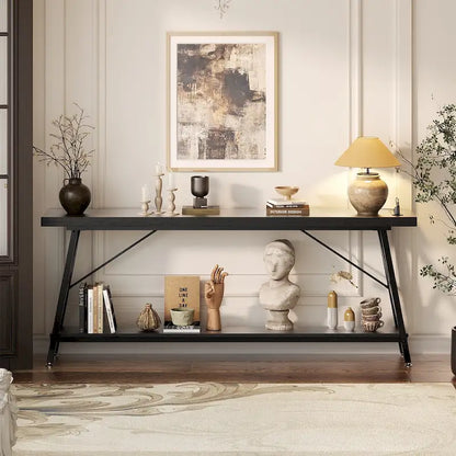 70.9 Extra Long Console Table Sofa Table with Charging Station and Storage Shelf,Industrial Hallway Entry Table