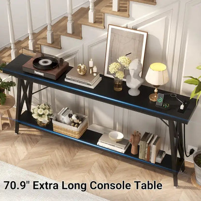 70.9 Extra Long Console Table Sofa Table with Charging Station and Storage Shelf,Industrial Hallway Entry Table