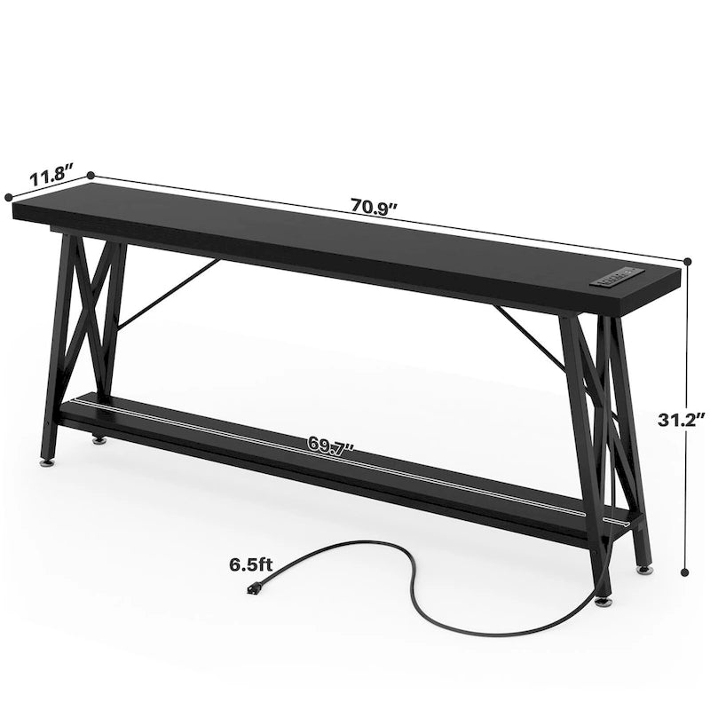 70.9 Extra Long Console Table Sofa Table with Charging Station and Storage Shelf,Industrial Hallway Entry Table