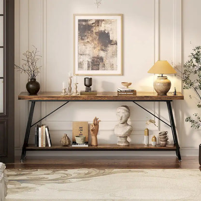 70.9 Extra Long Console Table Sofa Table with Charging Station and Storage Shelf,Industrial Hallway Entry Table