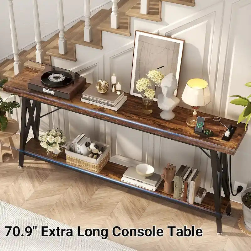 70.9 Extra Long Console Table Sofa Table with Charging Station and Storage Shelf,Industrial Hallway Entry Table
