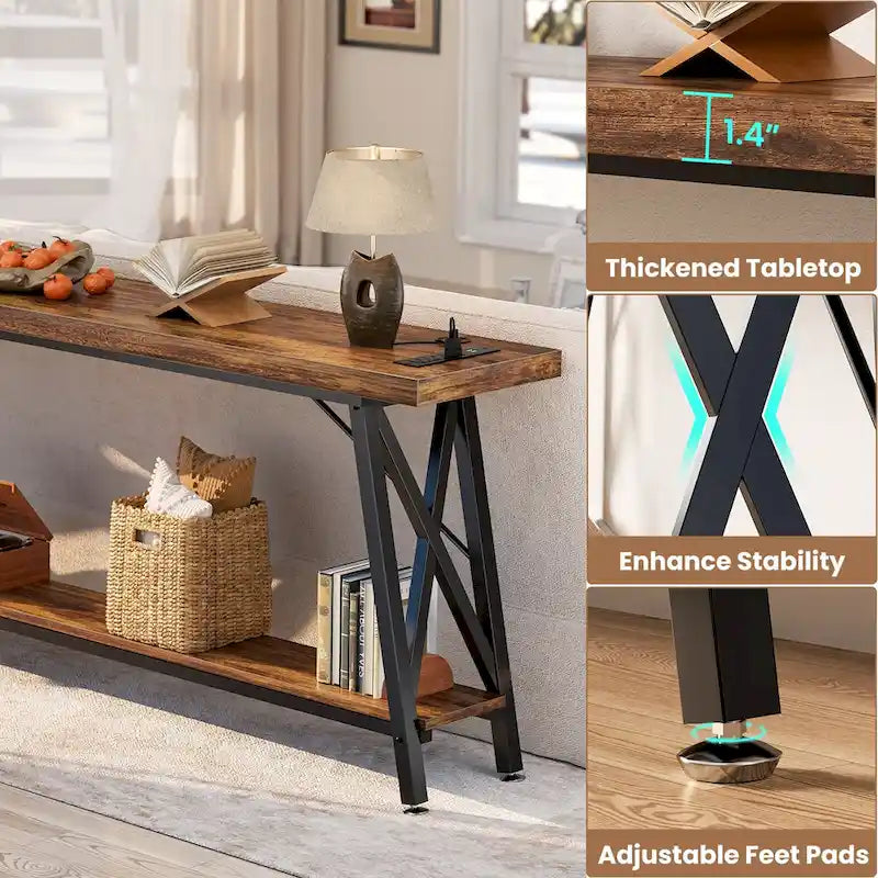 70.9 Extra Long Console Table Sofa Table with Charging Station and Storage Shelf,Industrial Hallway Entry Table