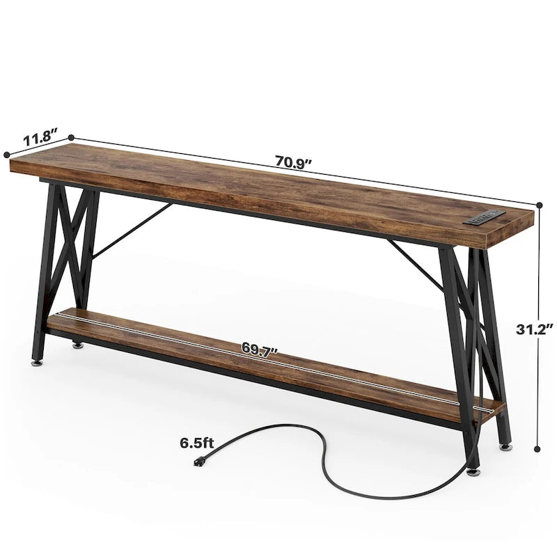 70.9 Extra Long Console Table Sofa Table with Charging Station and Storage Shelf,Industrial Hallway Entry Table