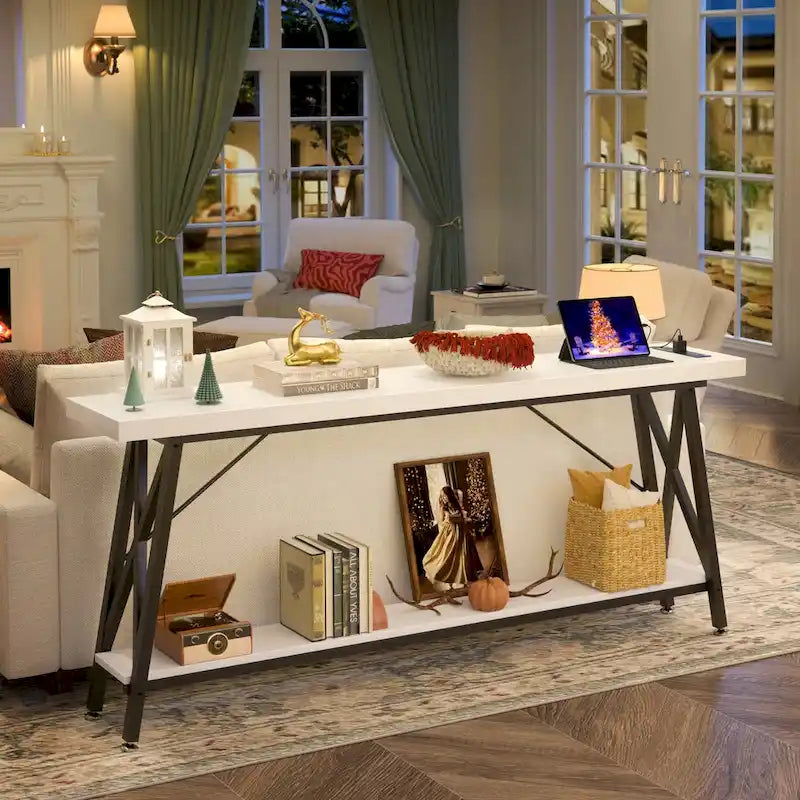 70.9 Extra Long Console Table Sofa Table with Charging Station and Storage Shelf,Industrial Hallway Entry Table