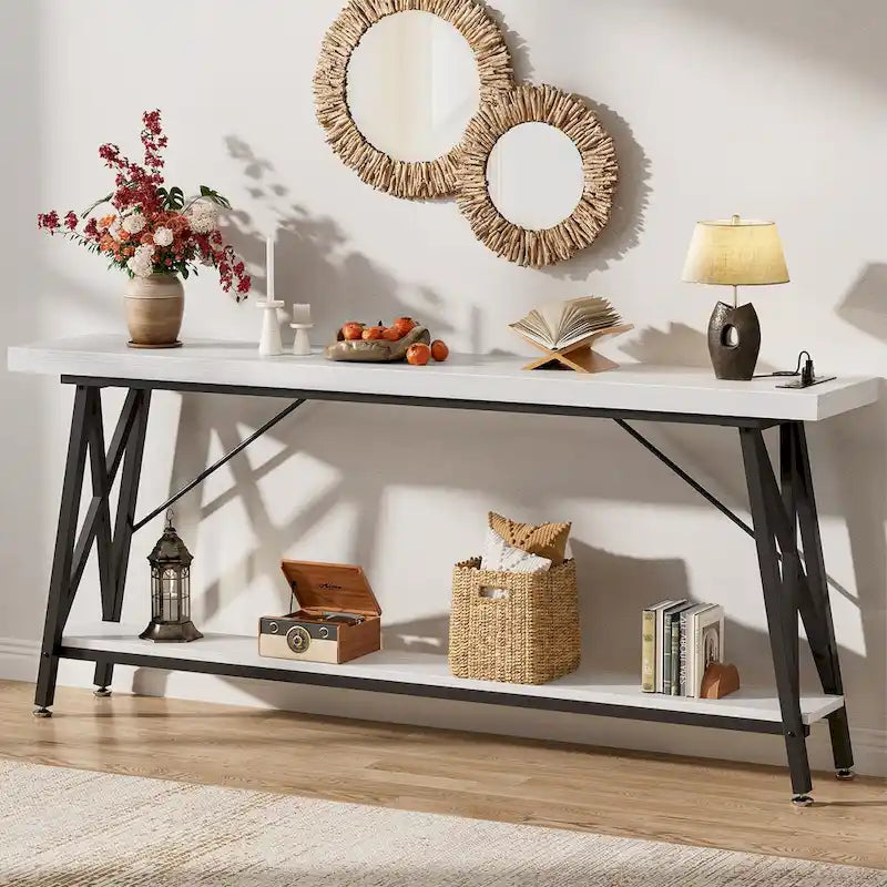 70.9 Extra Long Console Table Sofa Table with Charging Station and Storage Shelf,Industrial Hallway Entry Table