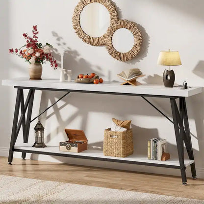 70.9 Extra Long Console Table Sofa Table with Charging Station and Storage Shelf,Industrial Hallway Entry Table