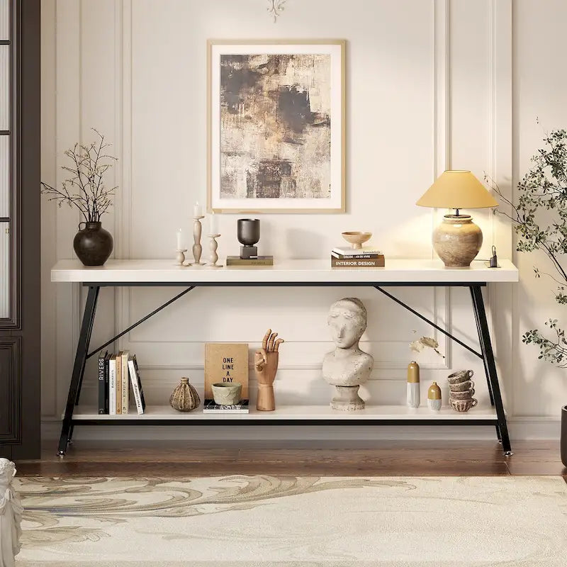 70.9 Extra Long Console Table Sofa Table with Charging Station and Storage Shelf,Industrial Hallway Entry Table