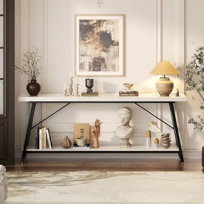 70.9 Extra Long Console Table Sofa Table with Charging Station and Storage Shelf,Industrial Hallway Entry Table