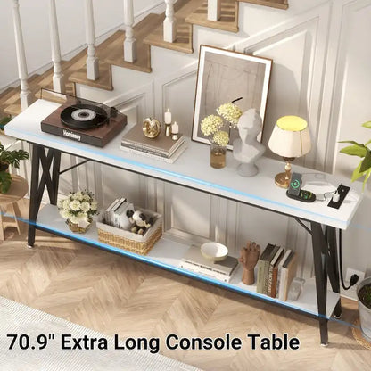70.9 Extra Long Console Table Sofa Table with Charging Station and Storage Shelf,Industrial Hallway Entry Table