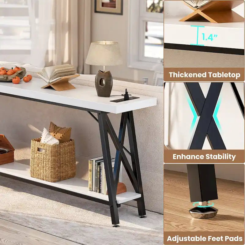 70.9 Extra Long Console Table Sofa Table with Charging Station and Storage Shelf,Industrial Hallway Entry Table