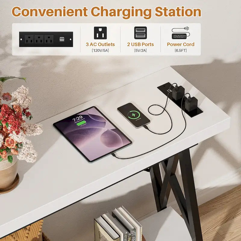 70.9 Extra Long Console Table Sofa Table with Charging Station and Storage Shelf,Industrial Hallway Entry Table