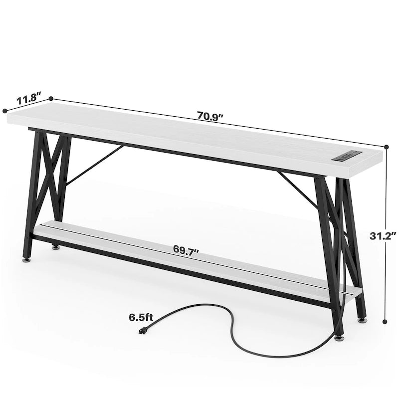 70.9 Extra Long Console Table Sofa Table with Charging Station and Storage Shelf,Industrial Hallway Entry Table
