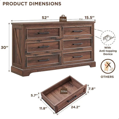 Farmhouse 6 Drawer Dresser for Bedroom, Chest of Drawers, TV Stand