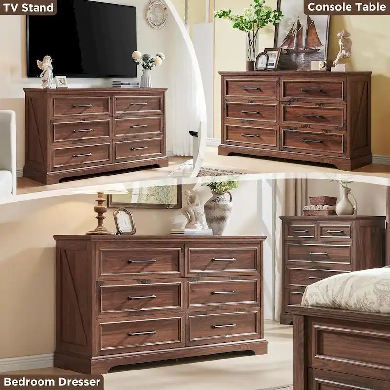 Farmhouse 6 Drawer Dresser for Bedroom, Chest of Drawers, TV Stand