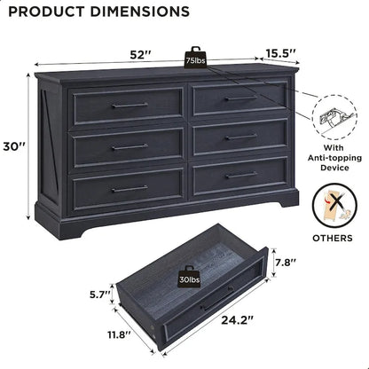 Farmhouse 6 Drawer Dresser for Bedroom, Chest of Drawers, TV Stand