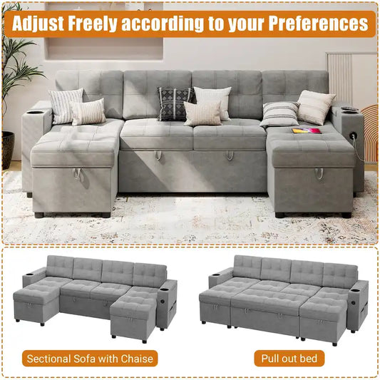 U-Shaped Sectional Sofa with Double Chaise,2 in 1 Pull Out Couch Bed,U-Shaped Sofa Couch Bed,Sleeper Sofa with Pull Out Bed