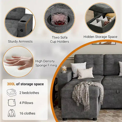 U-Shaped Sectional Sofa with Double Chaise,2 in 1 Pull Out Couch Bed,U-Shaped Sofa Couch Bed,Sleeper Sofa with Pull Out Bed