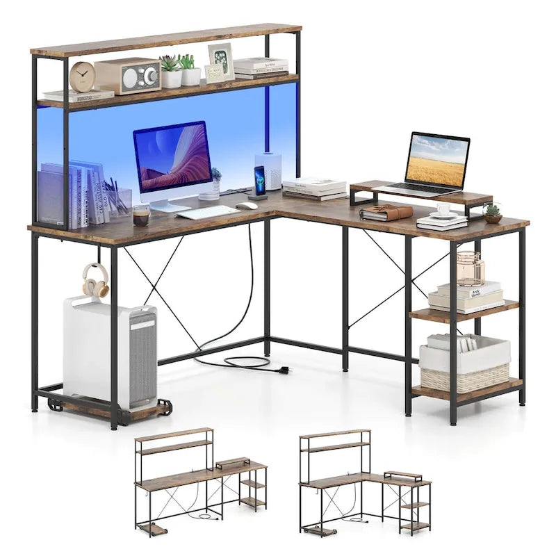 Lodge Style Computer Desk Costway L-Shaped Gaming Desk with LED Strip & Power Outlets Hutch - Se ...