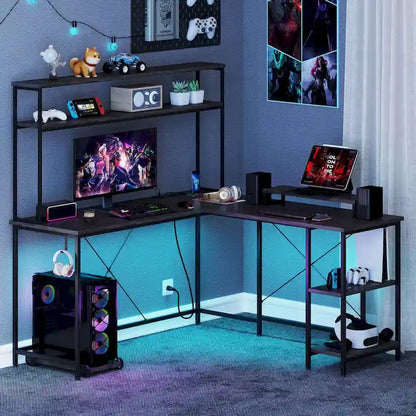 Costway L-Shaped Gaming Desk with LED Strip & Power Outlets Hutch - See Details