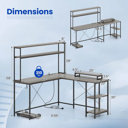 Costway L-Shaped Gaming Desk with LED Strip & Power Outlets Hutch - See Details