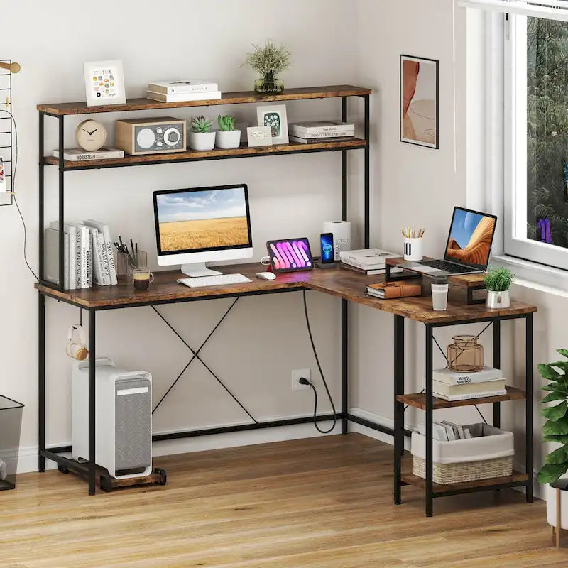 Lodge Style Computer Desk Costway L-Shaped Gaming Desk with LED Strip & Power Outlets Hutch - Se ...