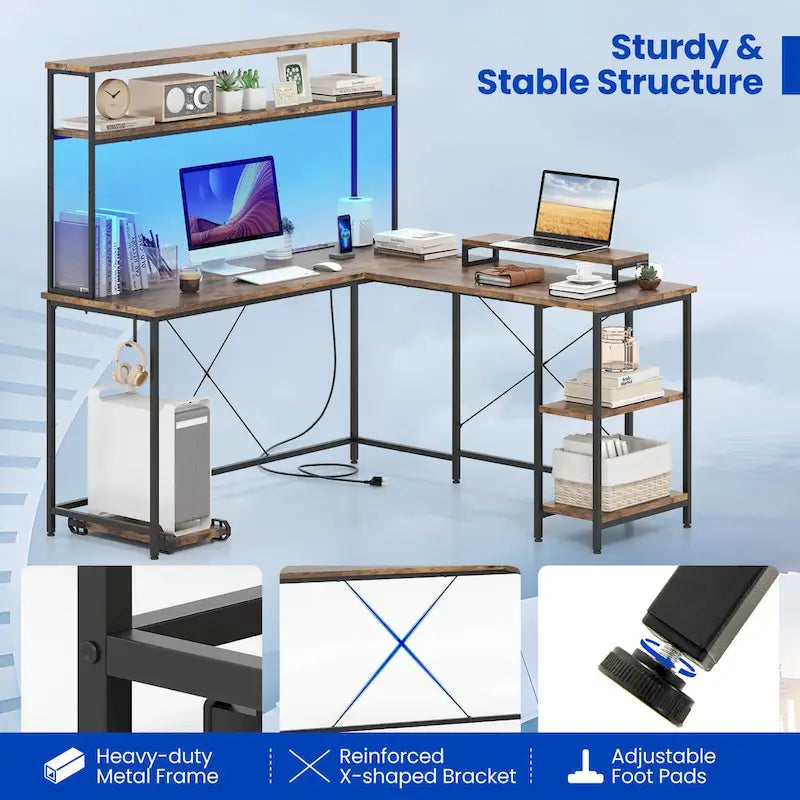 Costway L-Shaped Gaming Desk with LED Strip & Power Outlets Hutch - See Details