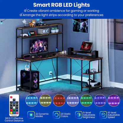 Costway L-Shaped Gaming Desk with LED Strip & Power Outlets Hutch - See Details