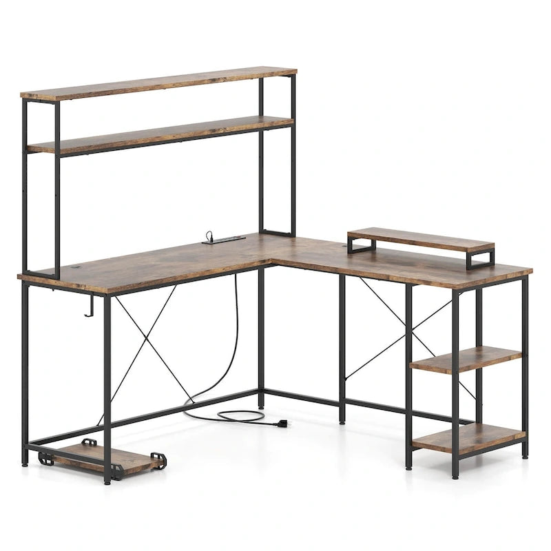 Costway L-Shaped Gaming Desk with LED Strip & Power Outlets Hutch - See Details