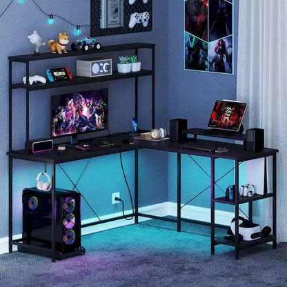 Costway L-Shaped Gaming Desk with LED Strip & Power Outlets Hutch - See Details