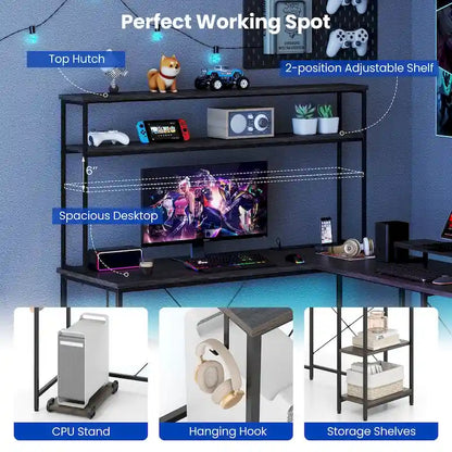 Costway L-Shaped Gaming Desk with LED Strip & Power Outlets Hutch - See Details