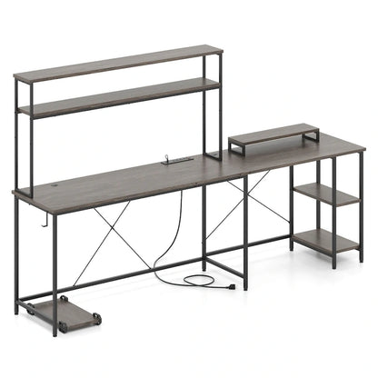 Costway L-Shaped Gaming Desk with LED Strip & Power Outlets Hutch - See Details