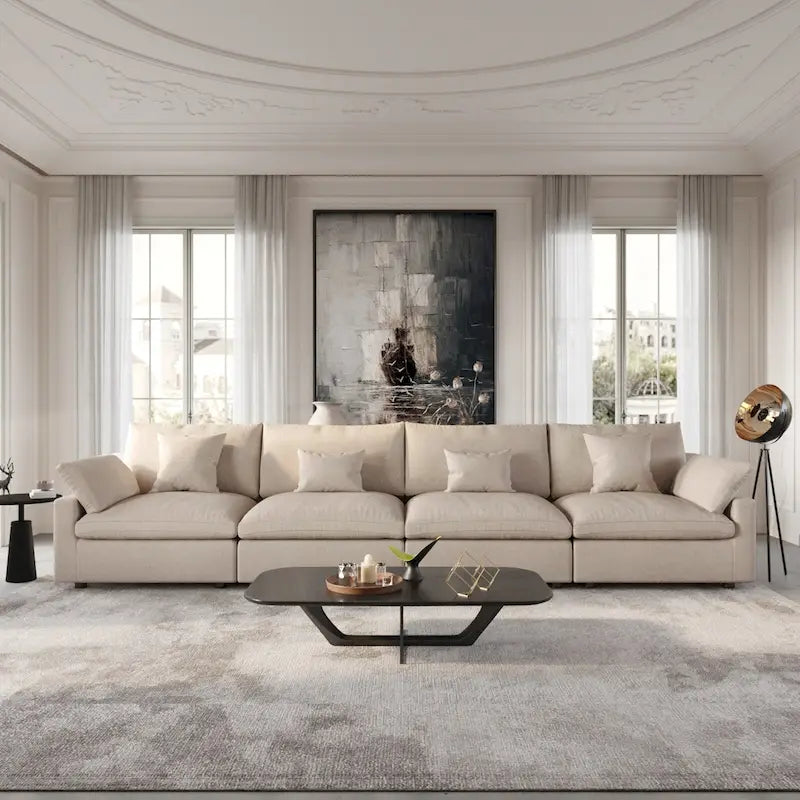 Oversized Modular Sofa with Pillows, Linen Blend Fabric Minimalist Deep Seat Sofa Couches for Living Room, Khaki