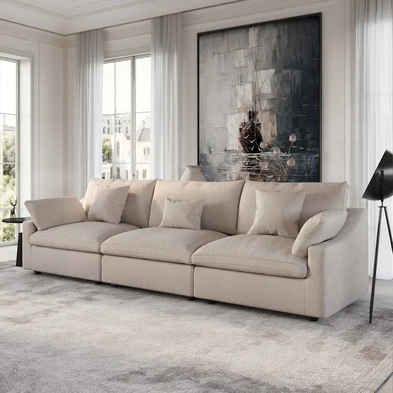 Oversized Modular Sofa with Pillows, Linen Blend Fabric Minimalist Deep Seat Sofa Couches for Living Room, Khaki