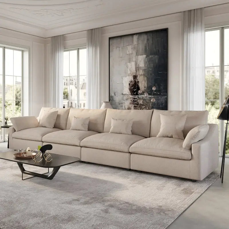 Oversized Modular Sofa with Pillows, Linen Blend Fabric Minimalist Deep Seat Sofa Couches for Living Room, Khaki