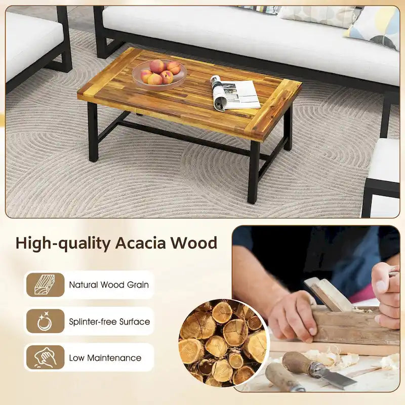 Gymax Acacia Wood Coffee Table Indoor Outdoor Rectangle Center Table