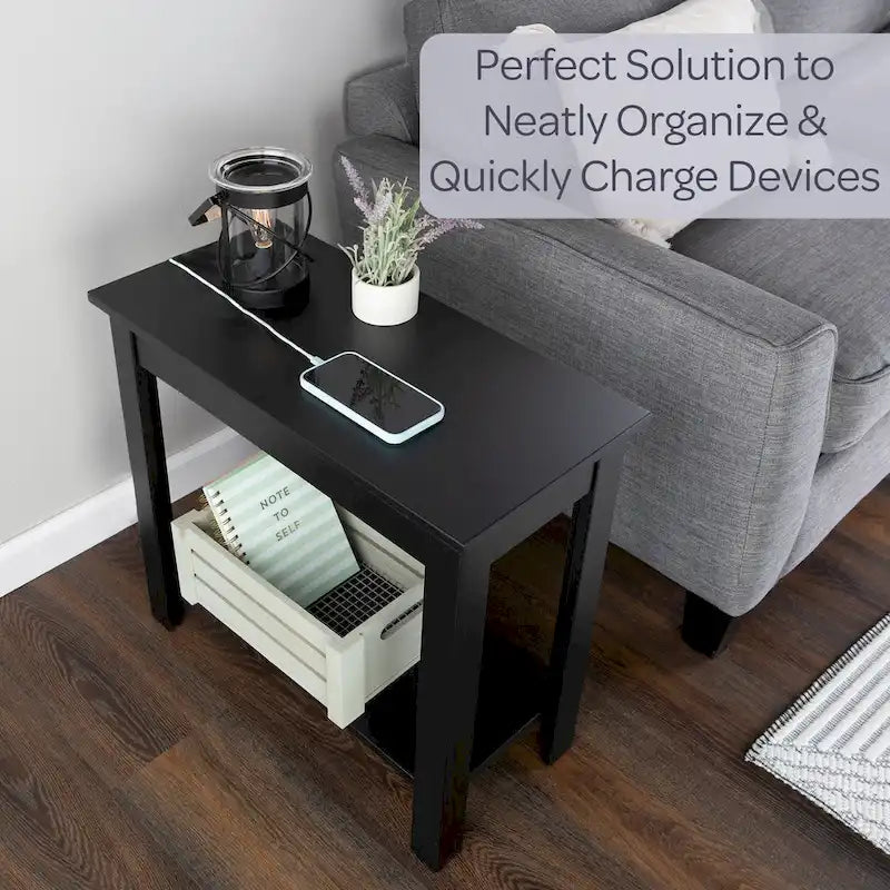 Lavish Home Narrow Side Table with Charging Station and Storage Shelf