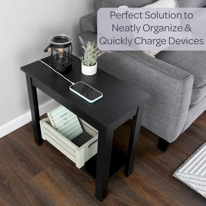 Lavish Home Narrow Side Table with Charging Station and Storage Shelf