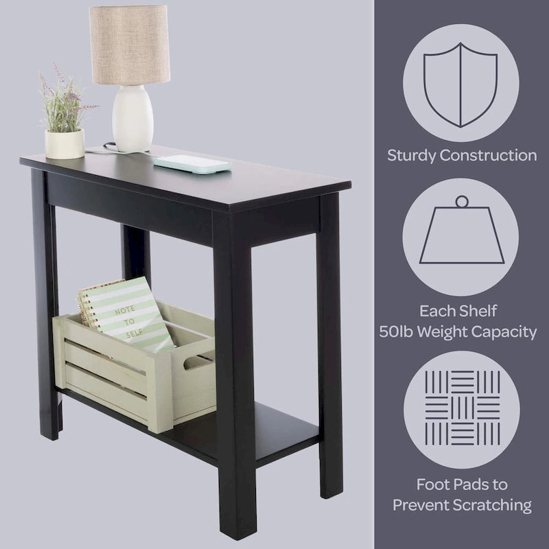 Lavish Home Narrow Side Table with Charging Station and Storage Shelf