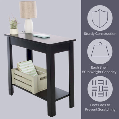 Lavish Home Narrow Side Table with Charging Station and Storage Shelf