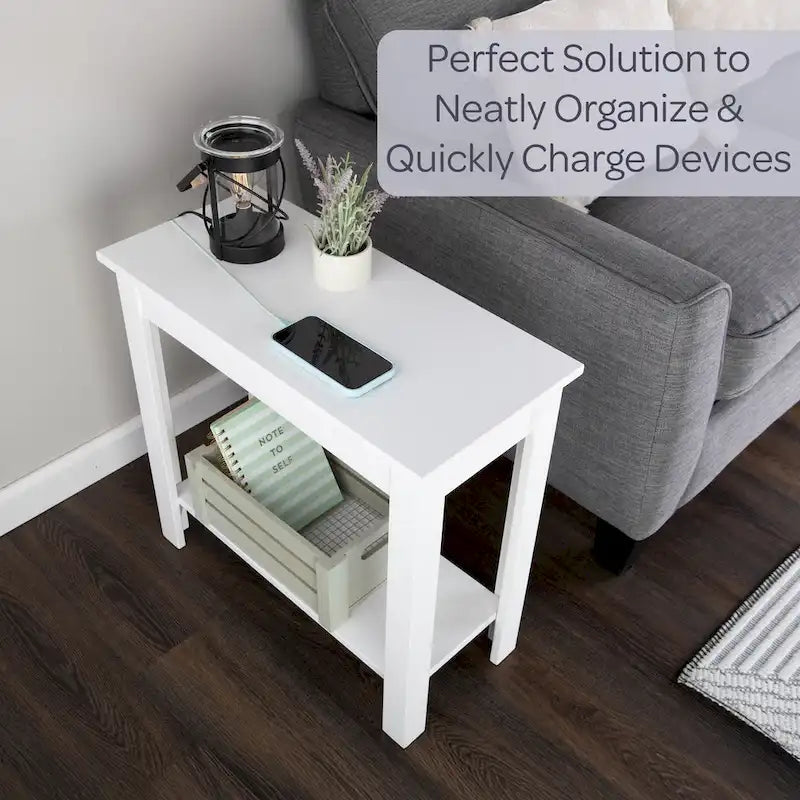 Lavish Home Narrow Side Table with Charging Station and Storage Shelf