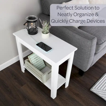 Lavish Home Narrow Side Table with Charging Station and Storage Shelf