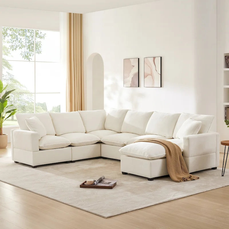 U Shape Modular Sofa, 7 Seat Chenille Sectional Upholstered Couch Set